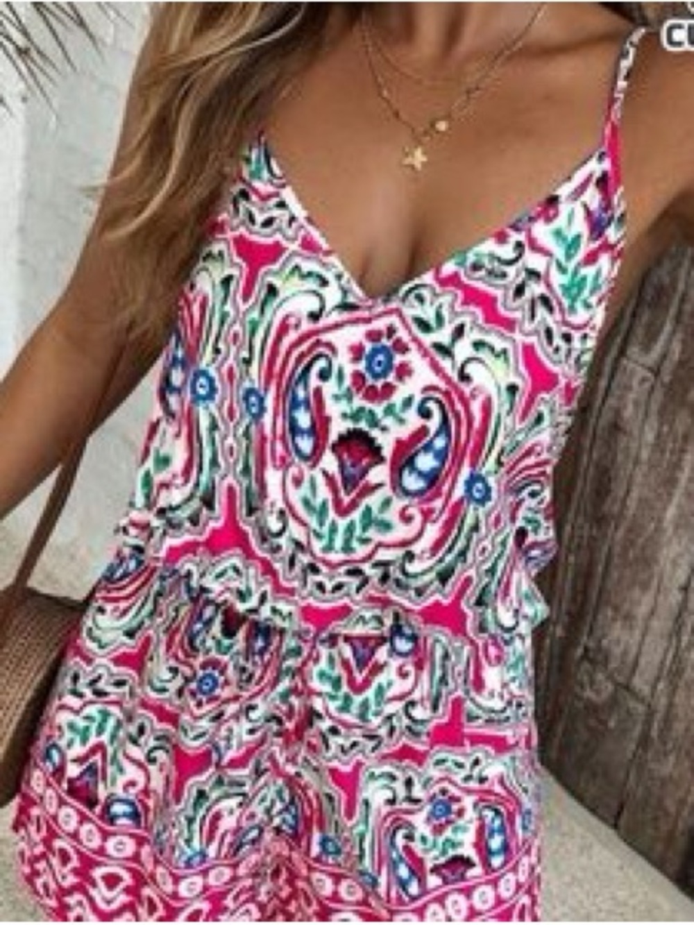 SHEIN Pink Multicolor Printed Spaghetti-Strap Romper